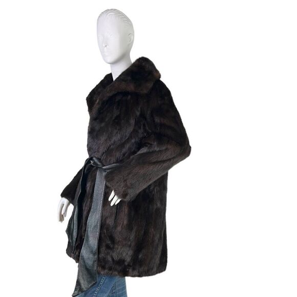 Sakowitz Vintage Mob Wife Dark Brown Mink Stroller Coat Leather Sash Size S/M - Picture 5 of 16
